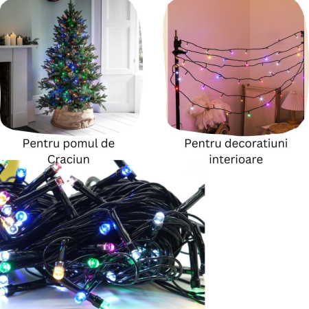 Instalatie de Craciun liniara Yoto, 10 m, din care 1 m cablu priza 220V, 100 LED, 8 jocuri de lumini, pentru interior, controler, fir negru, multicolor [4]