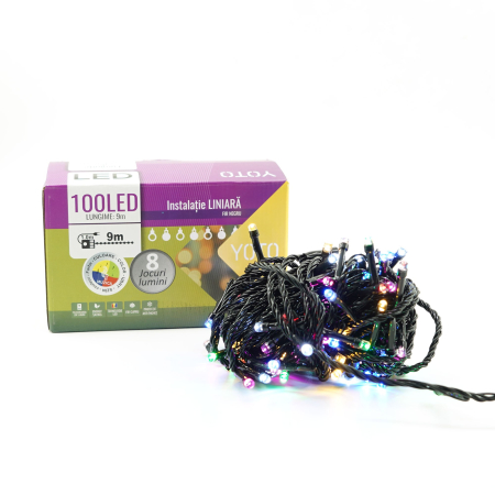 Instalatie de Craciun liniara Yoto, 10 m, din care 1 m cablu priza 220V, 100 LED, 8 jocuri de lumini, pentru interior, controler, fir negru, multicolor [6]