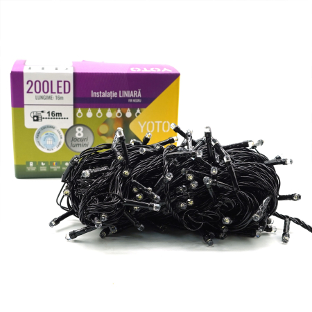 Instalatie de Craciun liniara Yoto, 17 m, din care 1 m cablu priza 220V, 200 LED, 8 jocuri de lumini, beculet in 6 colturi, pentru interior, controler, fir negru, alb rece [4]