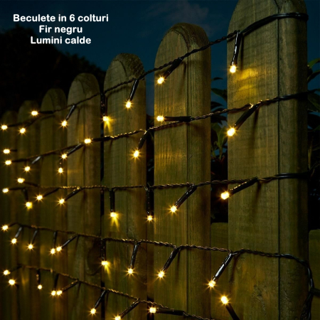 Festive - Instalatie de Craciun liniara Yoto, 17 m, din care 1 m cablu priza 220V, 200 LED, 8 jocuri de lumini, beculet in 6 colturi, pentru interior, controler, fir negru, alb cald