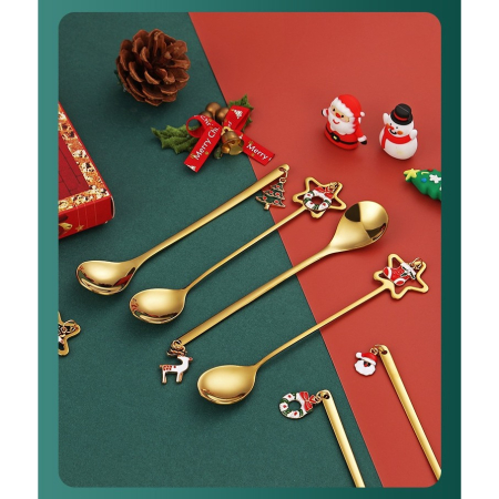 Set 4 Lingurite,  Tema Craciun, Model Carry The Merry, 4 Modele Tip Pandantiv, din Otel Inoxidabil, 19 x 16 x 2 cm, Multicolor [1]