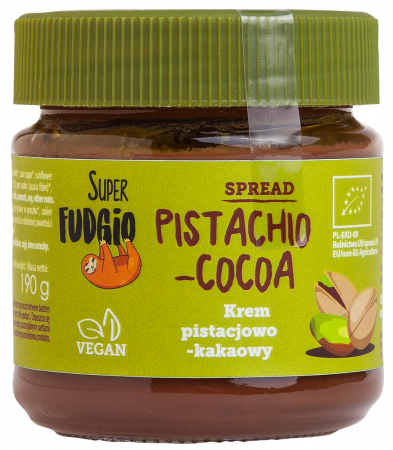 ALIMENTE - Crema tartinabila de ciocolata cu fistic si cacao, bio, 190g, Super Fudgio