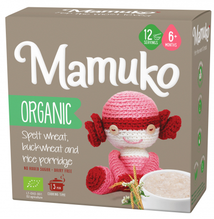 PRODUSE PENTRU COPII - Porridge din 3 cereale, spelta, hrisca si orez bio, 6+ luni, 200g Mamuko