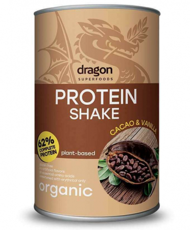 PULBERI SI SEMINTE - Shake proteic cacao si vanilie bio 500g Dragon Superfoods - 62% proteine