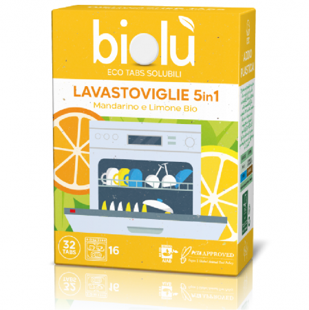 Biolu - Tablete pentru masina de spalat vase 5in1 cu mandarine si lamaie, ecologice, 32 bucati, 76g, Biolu