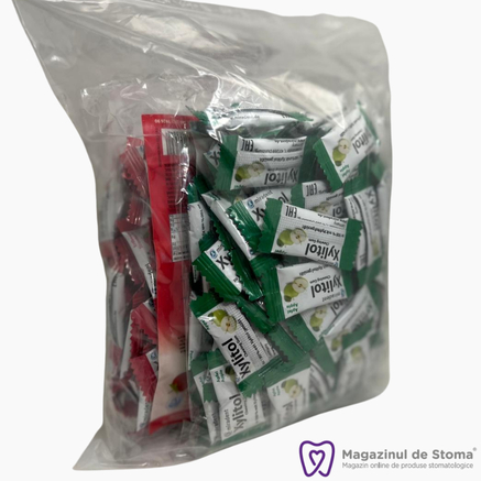 Pedodonție - Gumă de mestecat Miradent cu xilitol pentru cabinet stomatologic - 200 plicuri măr și căpșună