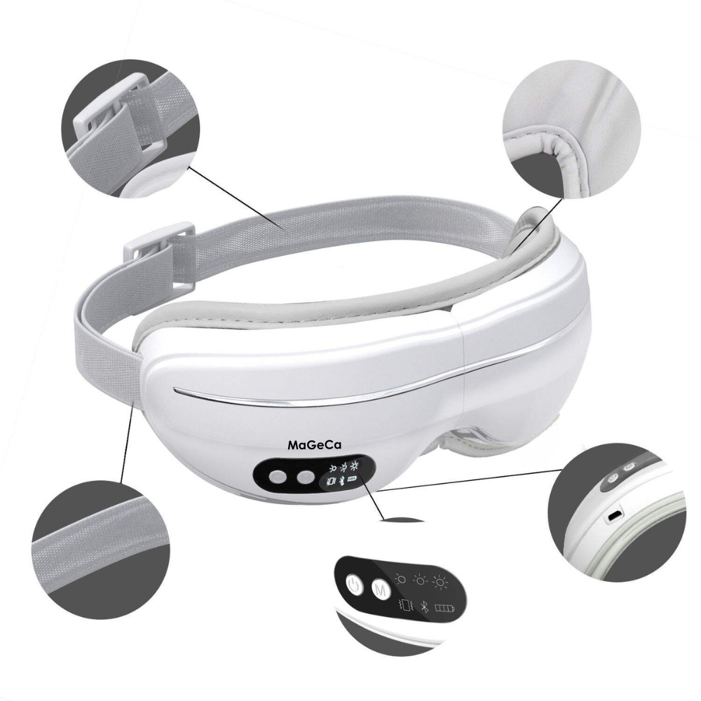 Aparat de masaj pentru ochi MaGeCa®, cu temperatura reglabila, Bluetooth, Muzica de relaxare, Vibratii, Presiunea aerului, Reincarcabil, Acumulator incorporat, Pliabil, Alb [4]