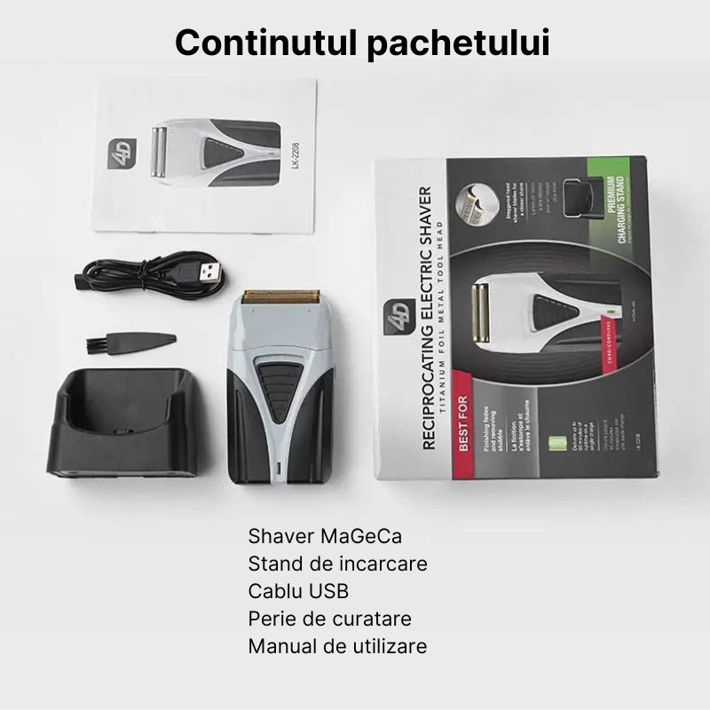 Aparat de ras profesional MaGeCa® fara fir, cu lama dubla, shaver si trimmer, rezistent la apa, incarcare rapida, folie titan anti-iritare pentru piele sensibila, gri/negru [6]