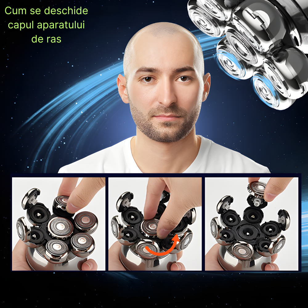 Aparat de ras profesional MaGeCa® pentru barbati, 7D cu cap rotativ, kit profesional de ingrijire pentru barbati 6 in 1, rezistent la apa, incarcare Wireless, display LED, multifunctional, Argintiu [8]