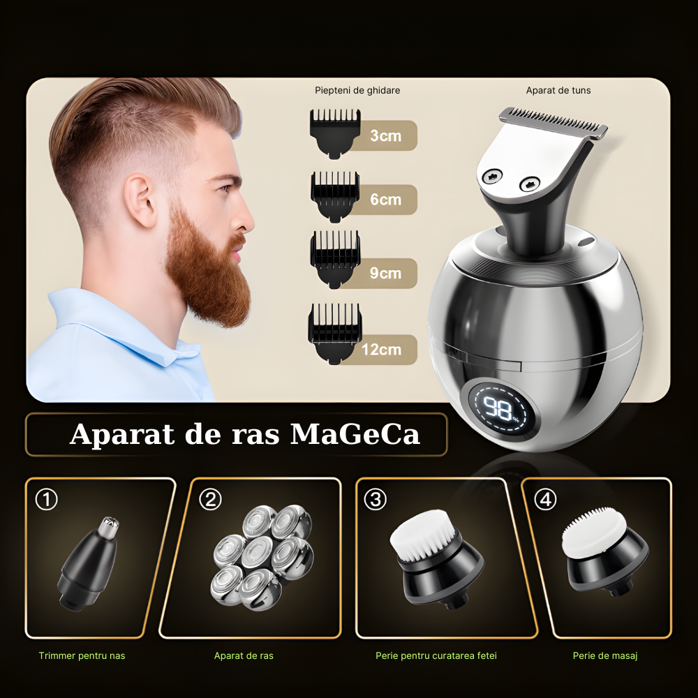 Aparat de ras profesional MaGeCa® pentru barbati, 7D cu cap rotativ, kit profesional de ingrijire pentru barbati 6 in 1, rezistent la apa, incarcare Wireless, display LED, multifunctional, Argintiu [5]
