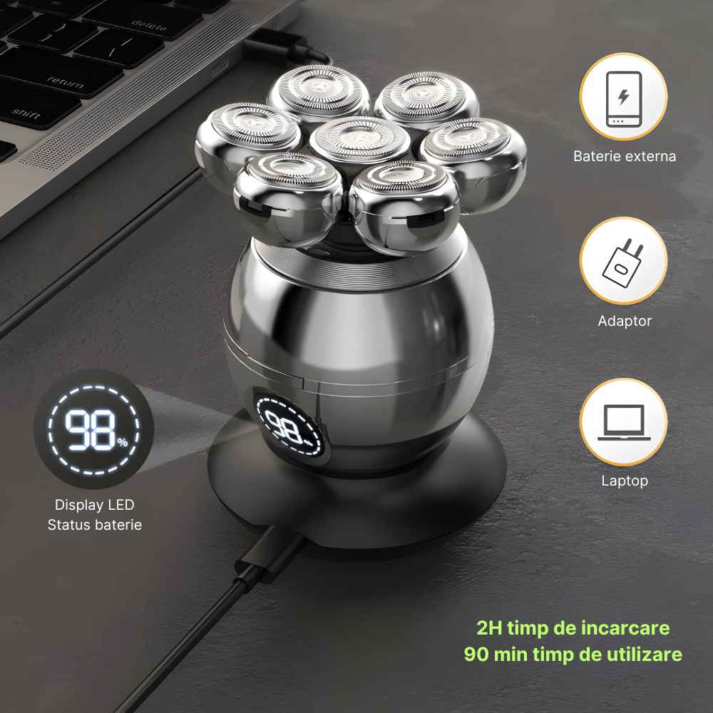 Aparat de ras profesional MaGeCa® pentru barbati, 7D cu cap rotativ, kit profesional de ingrijire pentru barbati 6 in 1, rezistent la apa, incarcare Wireless, display LED, multifunctional, Argintiu [4]