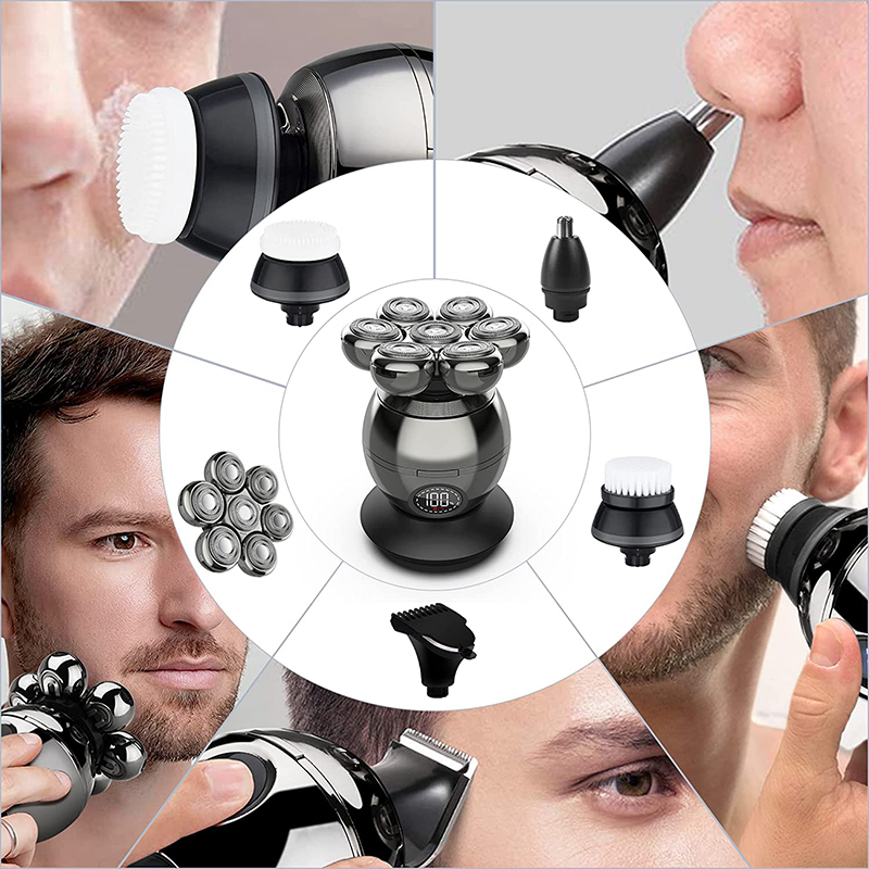 Aparat de ras profesional MaGeCa® pentru barbati, 7D cu cap rotativ, kit profesional de ingrijire pentru barbati 6 in 1, rezistent la apa, incarcare Wireless, display LED, multifunctional, Argintiu [2]