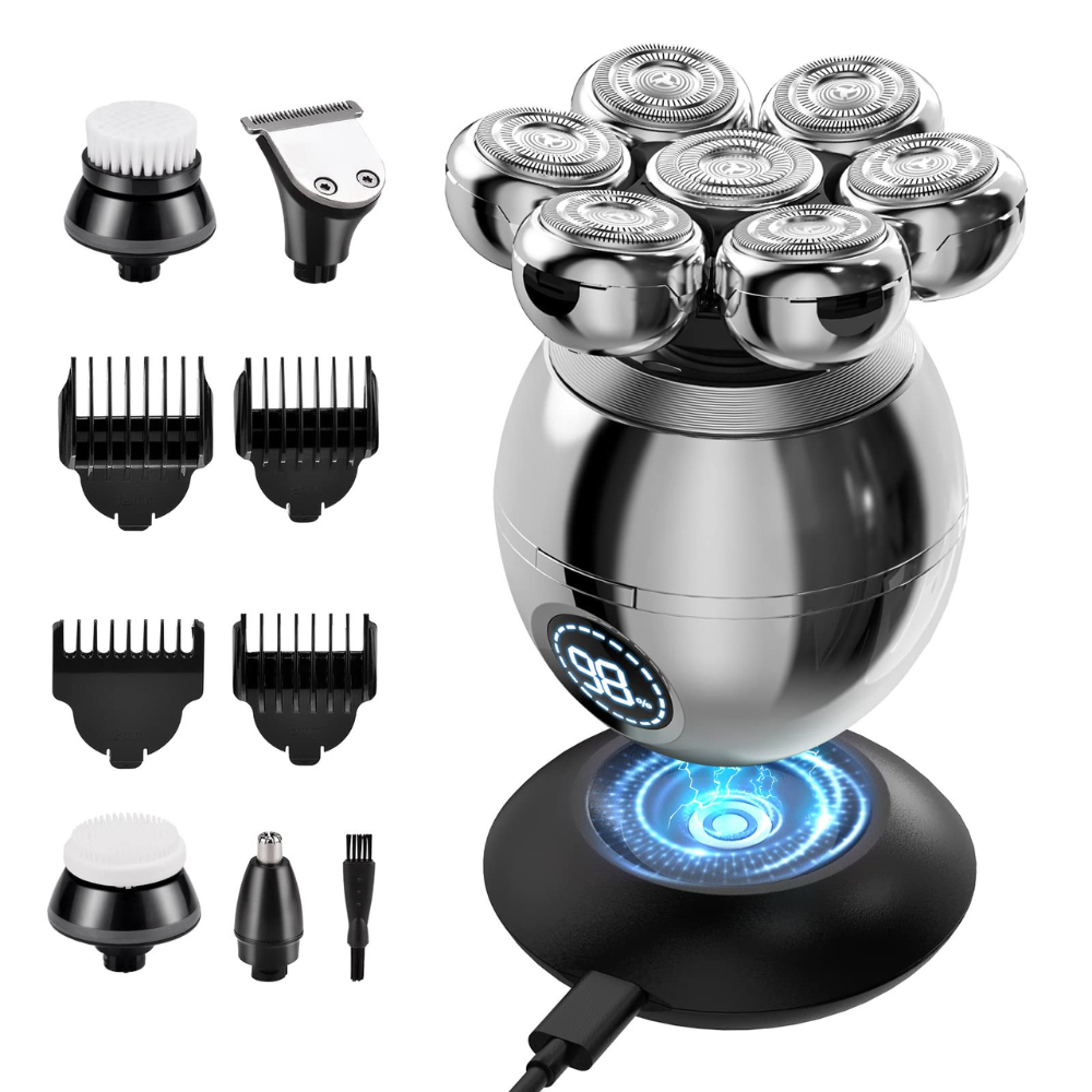 Aparat de ras profesional MaGeCa® pentru barbati, 7D cu cap rotativ, kit profesional de ingrijire pentru barbati 6 in 1, rezistent la apa, incarcare Wireless, display LED, multifunctional, Argintiu [1]