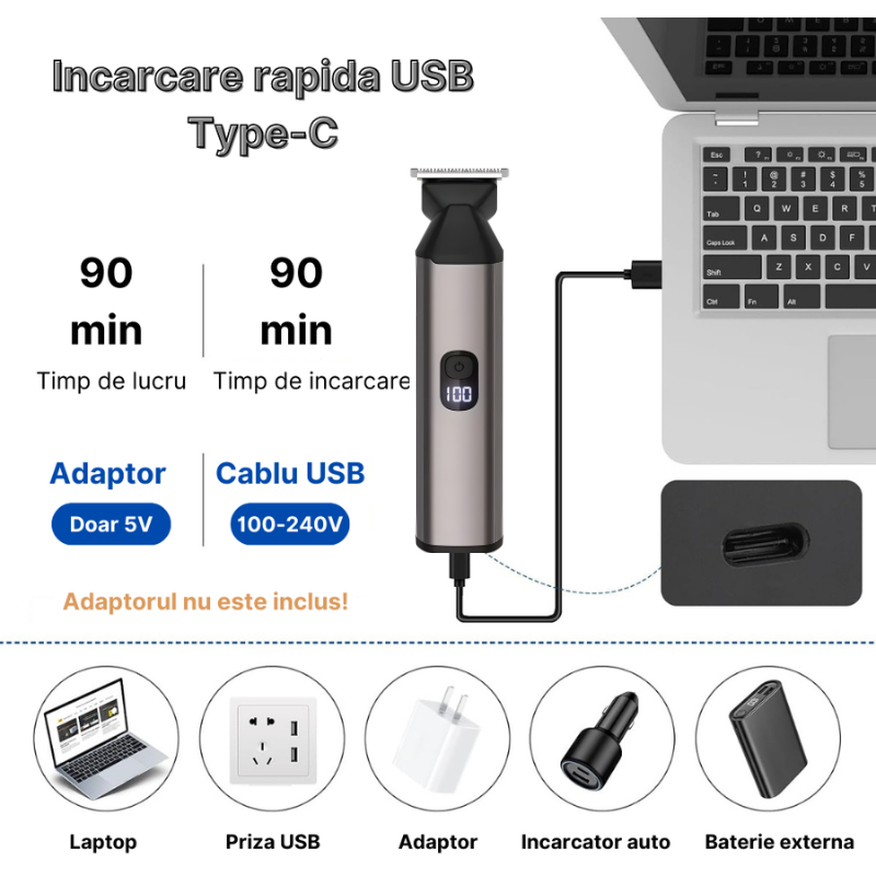 Aparat de tuns si ras profesional 5619 fara fir, Multifunctional 6 in 1, accesorii pentru toate zonele corpului, Putere pana la 7000 RPM, Afisaj LED, Acumulator 800 mAh, Autonomie 90 min, Incarcare US [7]