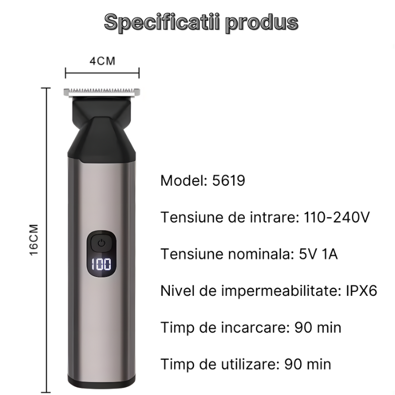 Aparat de tuns si ras profesional 5619 fara fir, Multifunctional 6 in 1, accesorii pentru toate zonele corpului, Putere pana la 7000 RPM, Afisaj LED, Acumulator 800 mAh, Autonomie 90 min, Incarcare US [8]
