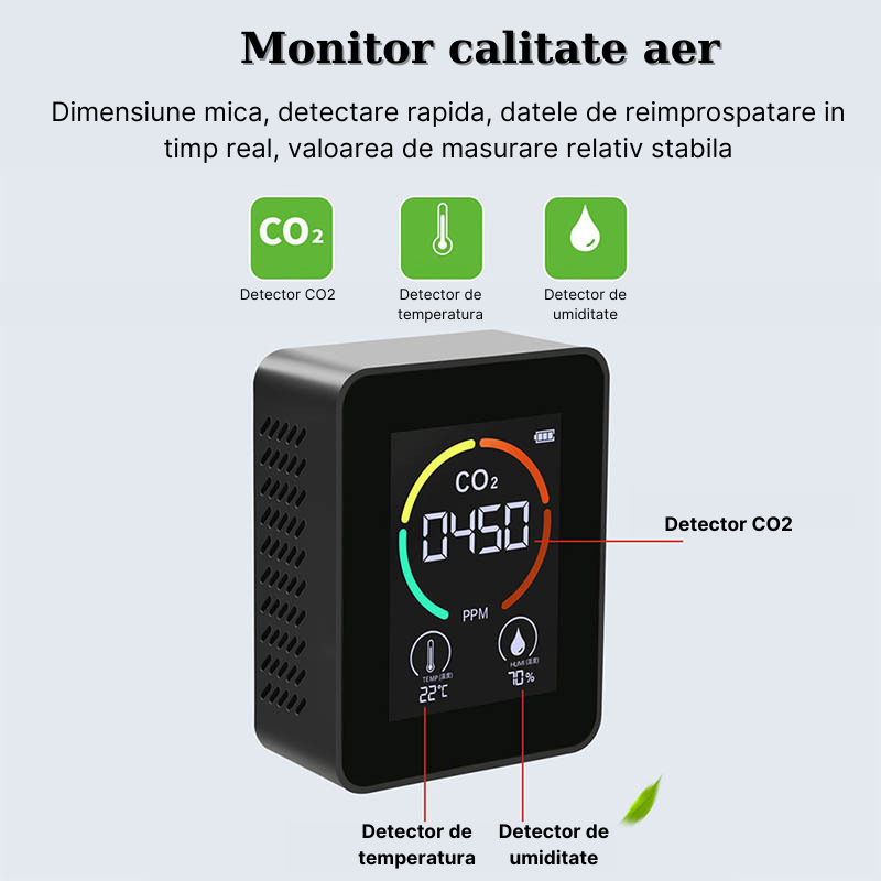 Aparat pentru masurarea calitatii aerului MaGeCa, 3 in 1, detector CO2-dioxid de carbon, senzor temperatura si umiditate, Negru [5]