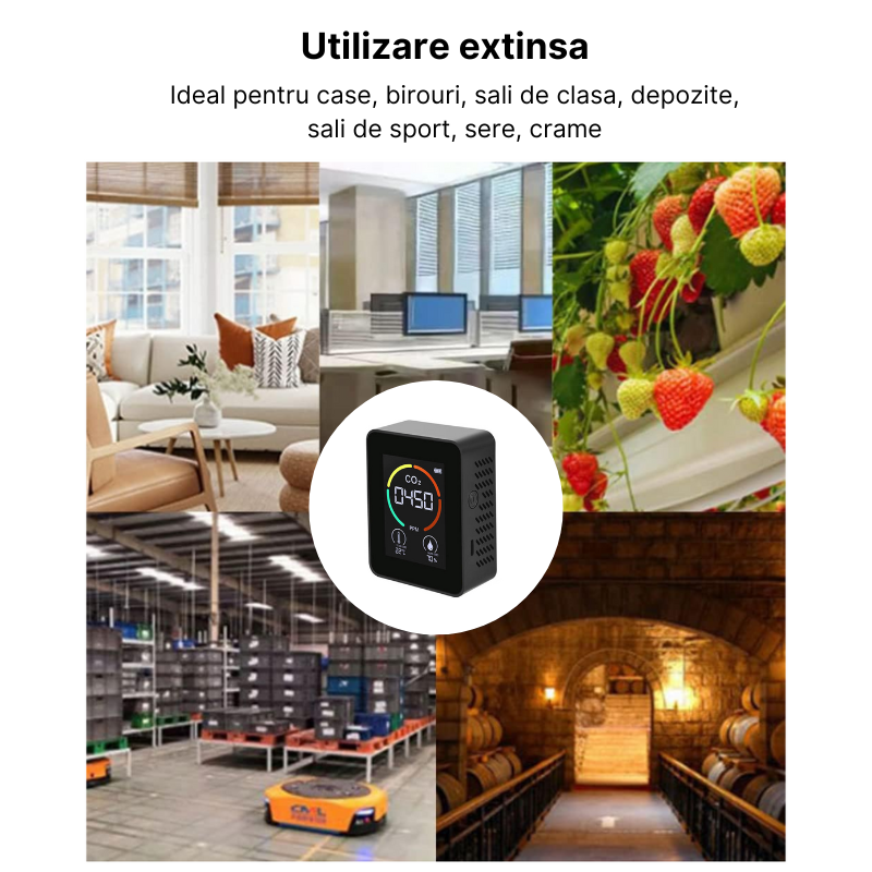 Aparat pentru masurarea calitatii aerului MaGeCa, 3 in 1, detector CO2-dioxid de carbon, senzor temperatura si umiditate, Negru [8]