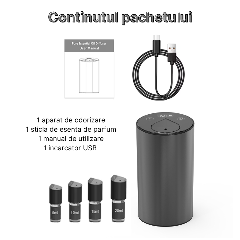 Aparat profesional de odorizare MaGeCa, pentru casa si masina, portabil, aromaterapie cu ulei, rezerva esenta de parfum inclusa, design elegant si modern, baterie 2400mAh, incarcare USB Type-C, Negru [9]