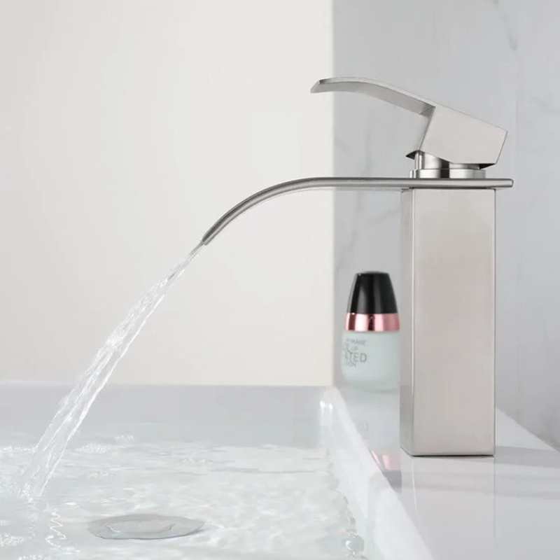 Baterie sanitara MaGeCa® pentru lavoar, Tip cascada, Otel inoxidabil, Monocomanda, Racorduri incluse, Cartus ceramic, Design modern, 18 cm inaltime, Crom [2]