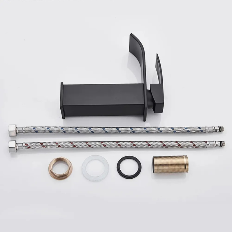 Baterie sanitara pentru lavoar, Tip cascada, Otel inoxidabil, Monocomanda, Racorduri incluse, Cartus ceramic, Design modern, 18 cm inaltime, Negru mat [3]