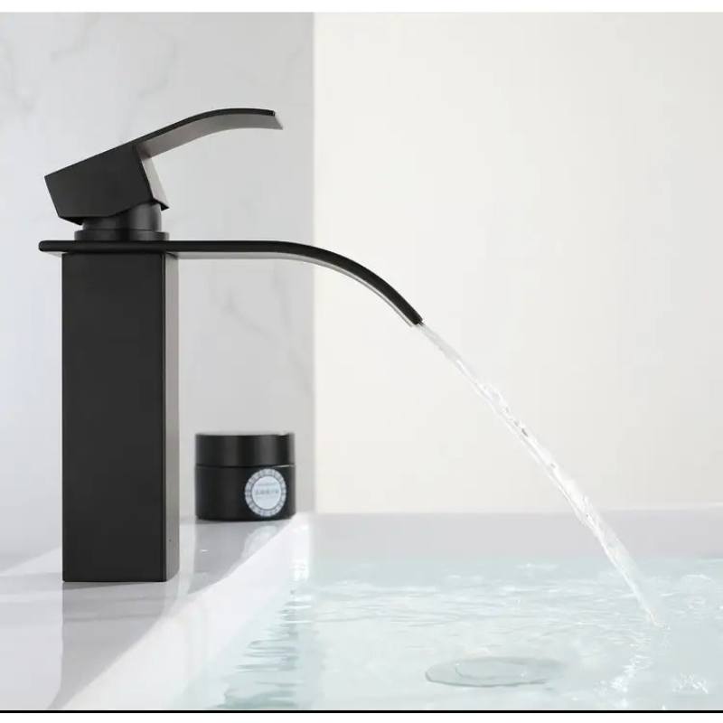 Baterie sanitara pentru lavoar, Tip cascada, Otel inoxidabil, Monocomanda, Racorduri incluse, Cartus ceramic, Design modern, 18 cm inaltime, Negru mat [4]