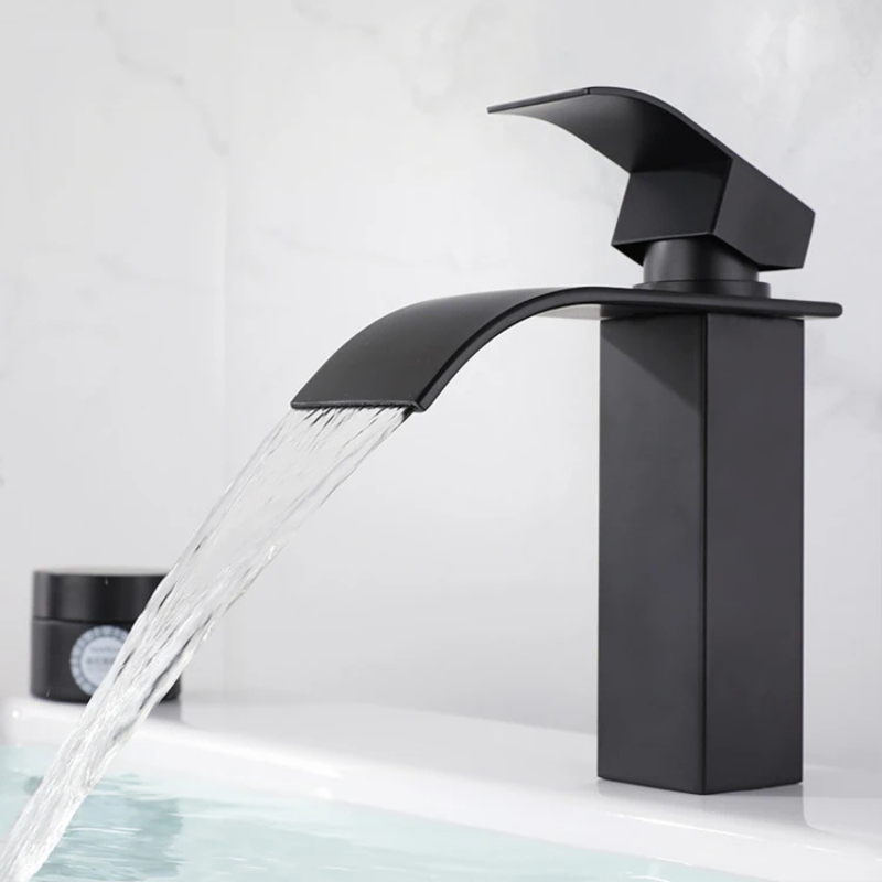 Baterie sanitara pentru lavoar, Tip cascada, Otel inoxidabil, Monocomanda, Racorduri incluse, Cartus ceramic, Design modern, 18 cm inaltime, Negru mat [2]