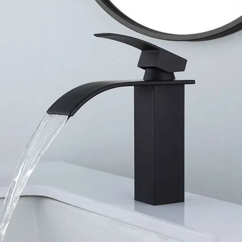Baterie sanitara pentru lavoar, Tip cascada, Otel inoxidabil, Monocomanda, Racorduri incluse, Cartus ceramic, Design modern, 18 cm inaltime, Negru mat [7]