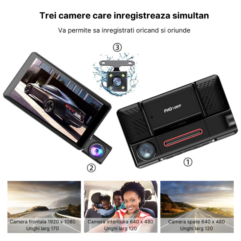 Camera auto de bord tripla MaGeCa®, Full HD 1080P, 3 camere, fata+interior+marsarier, Senzor de coliziune G-senzor, Filmare continua, Vedere nocturna, Display 4 inch, Unghi inregistrare 170°, Negru [3]