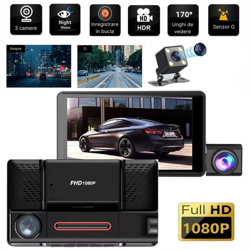 Camera auto de bord tripla MaGeCa®, Full HD 1080P, 3 camere, fata+interior+marsarier, Senzor de coliziune G-senzor, Filmare continua, Vedere nocturna, Display 4 inch, Unghi inregistrare 170°, Negru [2]