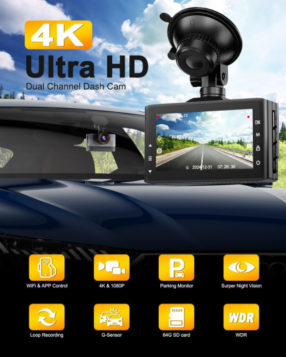 Camera auto dubla MaGeCa, 4K fata + 1080P spate, WiFi, Control aplicatie, Senzor de coliziune G-Sensor, Unghi larg 170° + 140°, Vedere nocturna, Mod parcare, Inregistrare in bucla, Tehnologie WDR [2]