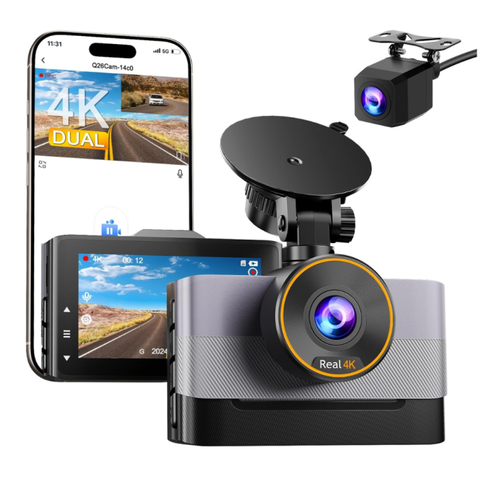 Camera auto dubla MaGeCa, 4K fata + 1080P spate, WiFi, Control aplicatie, Senzor de coliziune G-Sensor, Unghi larg 170° + 140°, Vedere nocturna, Mod parcare, Inregistrare in bucla, Tehnologie WDR [1]