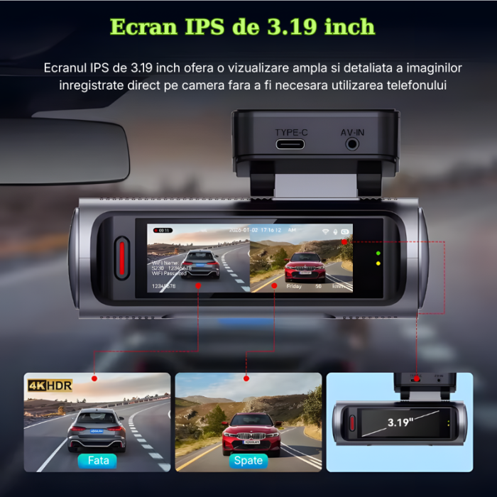 Camera auto dubla MaGeCa,  4K Ultra HD fata si spate, WIFI, Control aplicatie, Senzor de coliziune G-senzor, GPS incorporat, Inregistrare in bucla, Mod parcare, Vedere nocturna, Ecran IPS 3.19 inch, T [8]