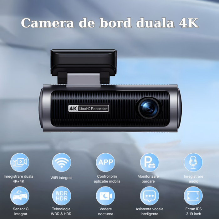 Camera auto dubla MaGeCa,  4K Ultra HD fata si spate, WIFI, Control aplicatie, Senzor de coliziune G-senzor, GPS incorporat, Inregistrare in bucla, Mod parcare, Vedere nocturna, Ecran IPS 3.19 inch, T [2]