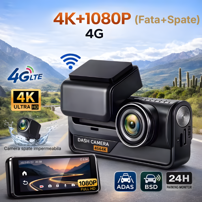 Camera auto dubla MaGeCa, Conexiune 4G cartela SIM, Camera fata UHD 4K + camera spate Full HD 1080P, Ecran 3.69 inch, Monitorizare de la distanta, GPS integrat,  Functii ADAS + BSD, G-senzor, Inregist [8]