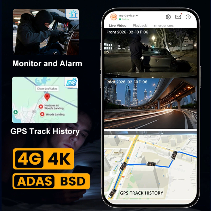 Camera auto dubla MaGeCa, Conexiune 4G cartela SIM, Camera fata UHD 4K + camera spate Full HD 1080P, Ecran 3.69 inch, Monitorizare de la distanta, GPS integrat,  Functii ADAS + BSD, G-senzor, Inregist [4]