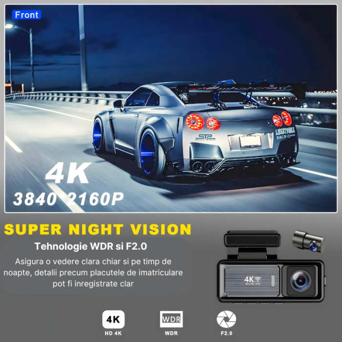 Camera auto dubla MaGeCa M6, Camera fata 4K Ultra HD + Camera spate 1080P, WIFI, Control aplicatie, Senzor de coliziune G-senzor, GPS incorporat, Inregistrare in bucla, Mod parcare, Vedere nocturna, T [9]