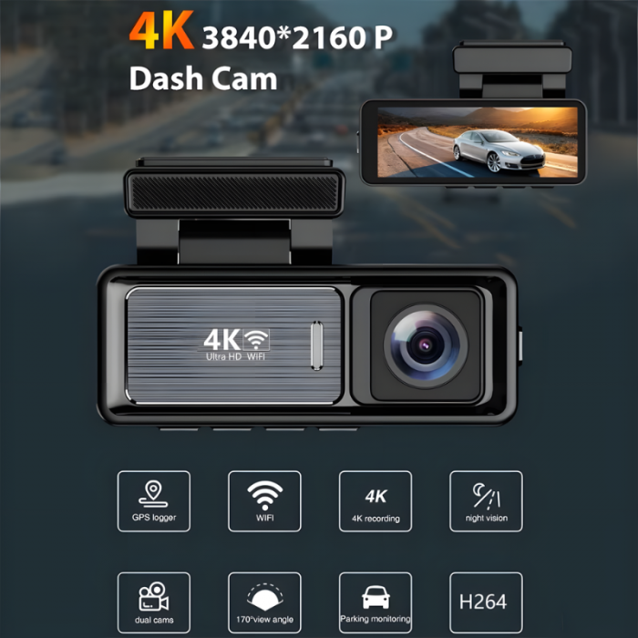 Camera auto dubla MaGeCa M6, Camera fata 4K Ultra HD + Camera spate 1080P, WIFI, Control aplicatie, Senzor de coliziune G-senzor, GPS incorporat, Inregistrare in bucla, Mod parcare, Vedere nocturna, T [2]