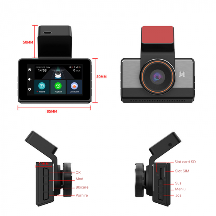 Camera auto  MaGeCa P83, Conexiune 4G cartela SIM, Camera fata 2K + camera spate 720P, Monitorizare de la distanta, G-senzor, Inregistrare in bucla, Control din aplicatie, Vedere nocturna [8]