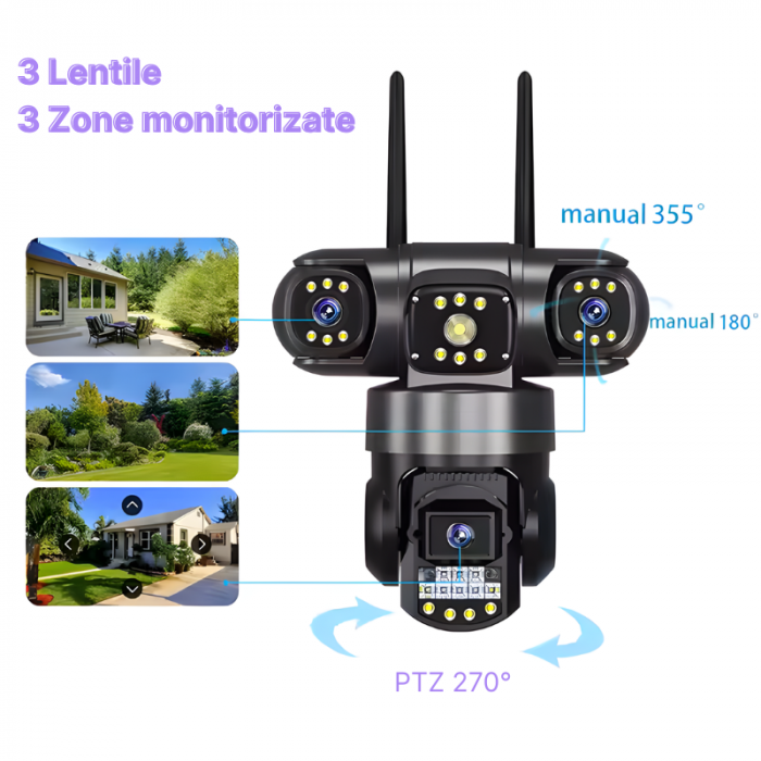Camera de supraveghere MaGeCa, WIFI, 6MP Full HD, 3 zone supravegheate simultan, Detectarea miscarii, Rotire automata, Comunicare bidirectionala, Vedere nocturna, Stocare prin card SD/Cloud, Rezistent [6]