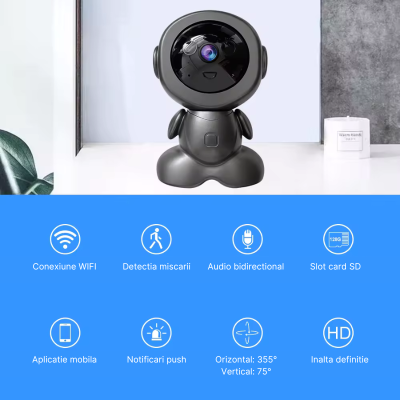 Camera de supraveghere tip robot Q01-H, WIFI, 3MP Full HD 1080P, Functie babymonitor, Vedere nocturna, Comunicare bidirectionala, Detectare miscare, Stocare card SD/Cloud, Rotire orizontal 355°/vertic [2]