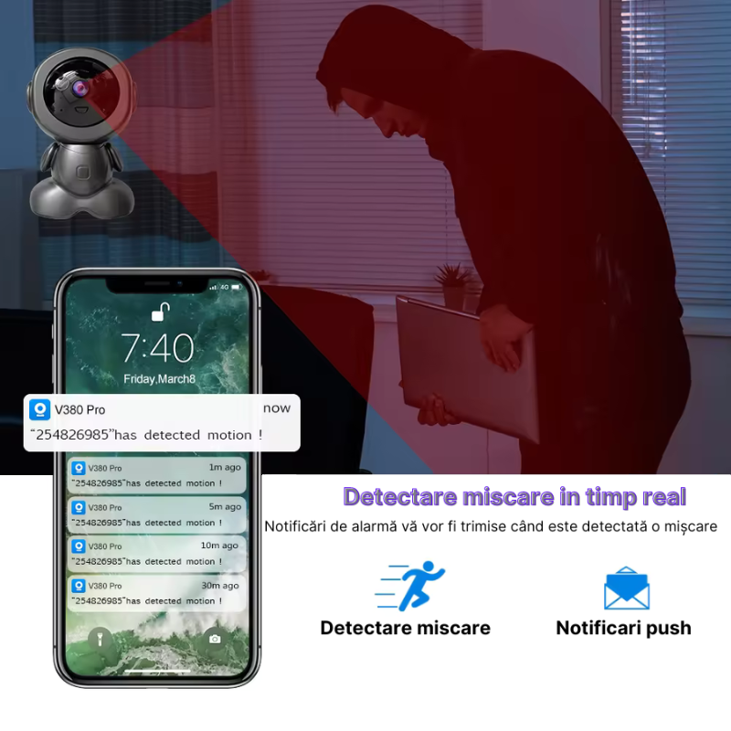 Camera de supraveghere tip robot Q01-H, WIFI, 3MP Full HD 1080P, Functie babymonitor, Vedere nocturna, Comunicare bidirectionala, Detectare miscare, Stocare card SD/Cloud, Rotire orizontal 355°/vertic [3]