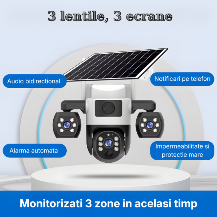 Camera de supraveghere tripla cu panou solar MaGeCa, 4G, Cartela SIM, 6MP Full HD, Baterie 8000 mAh, Panou solar 8W, 3 zone supravegheate simultan, Comunicare bidirectionala, Vedere nocturna, Detectar [3]