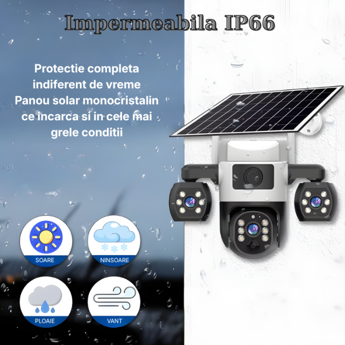 Camera de supraveghere tripla cu panou solar MaGeCa, 4G, Cartela SIM, 6MP Full HD, Baterie 8000 mAh, Panou solar 8W, 3 zone supravegheate simultan, Comunicare bidirectionala, Vedere nocturna, Detectar [10]