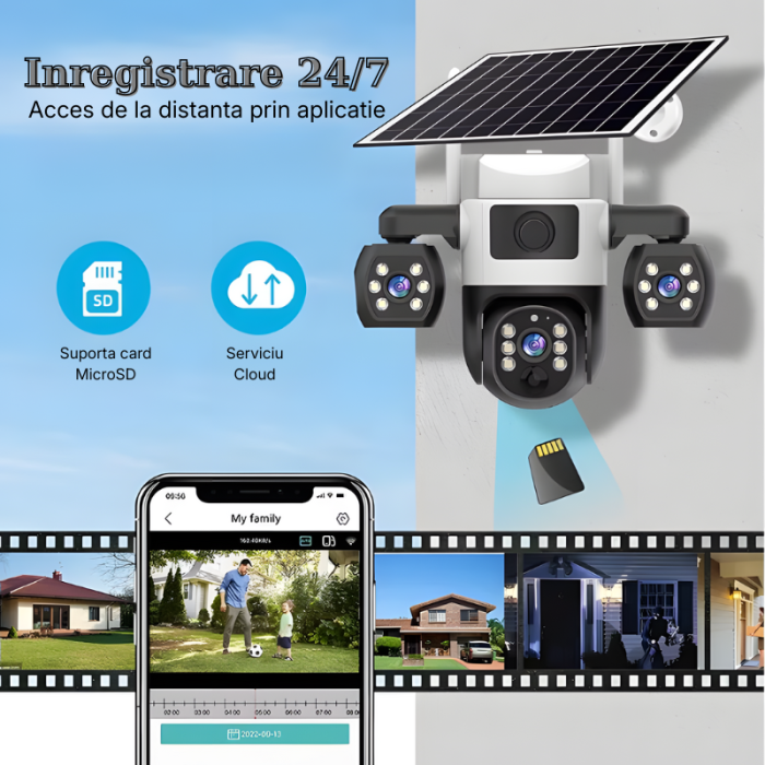 Camera de supraveghere tripla cu panou solar MaGeCa, 4G, Cartela SIM, 6MP Full HD, Baterie 8000 mAh, Panou solar 8W, 3 zone supravegheate simultan, Comunicare bidirectionala, Vedere nocturna, Detectar [6]