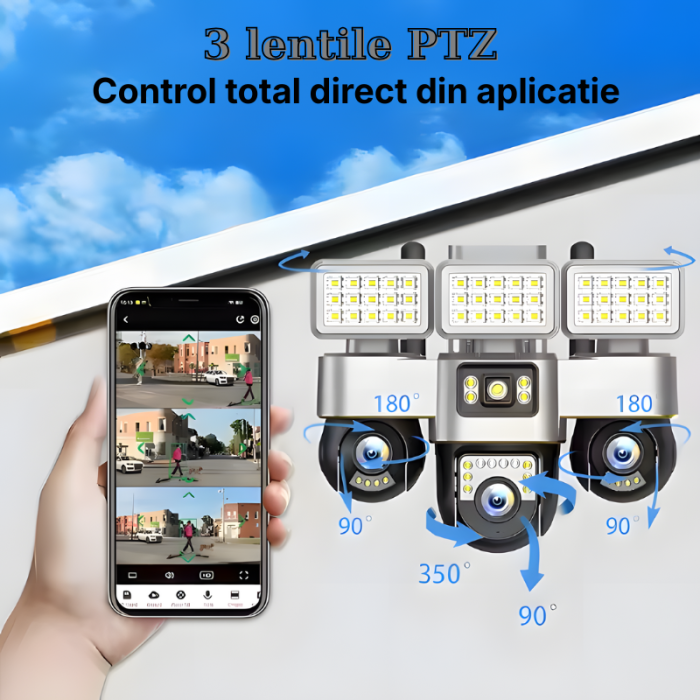 Camera de supraveghere tripla MaGeCa 4G cu proiector LED, Cartela SIM, 12MP Full HD, 3 zone supravegheate simultan, Comunicare bidirectionala, Detectarea miscarii, Vedere nocturna, Rezistanta la apa I [10]