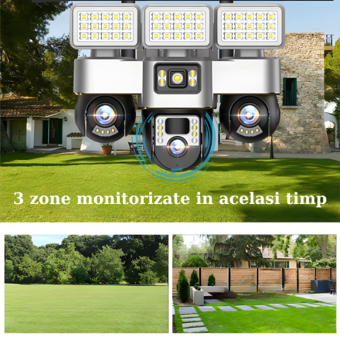 Camera de supraveghere tripla MaGeCa WiFi cu proiector LED, 12MP Full HD, 3 zone supravegheate simultan, Comunicare bidirectionala, Detectarea miscarii, Vedere nocturna, Rezistanta la apa IP66, Stocar [2]