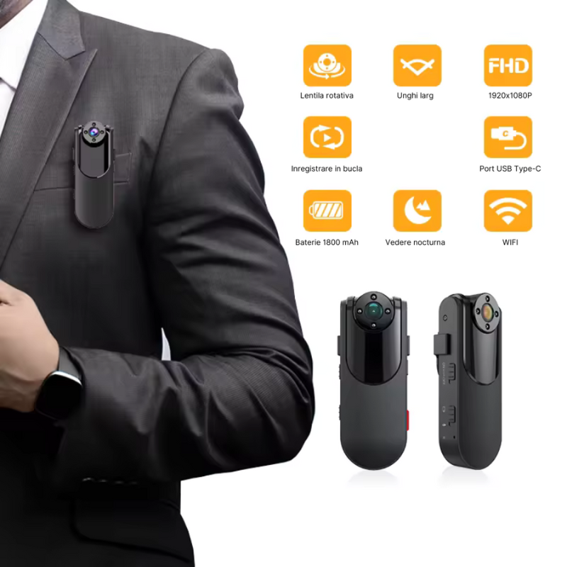 Camera video corporala AD718, Wireless, Inregistrare video HD cu vedere nocturna, Lentila rotativa 90°, Unghi de filmare 150°, Inregistrare in bucla, Autostocare, Baterie reincarcabila 1800 mAh, Auton [2]