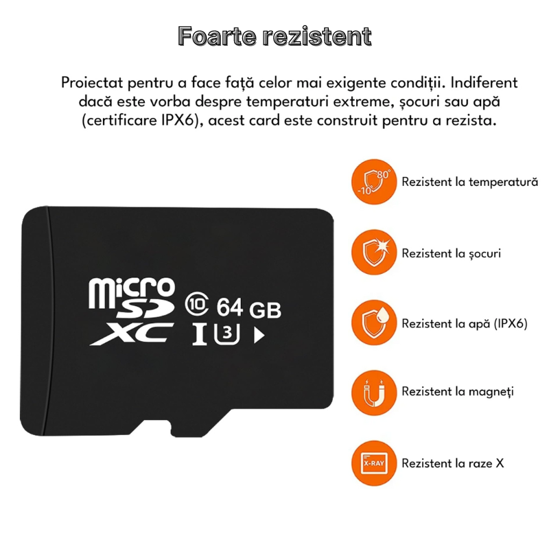 Card de memorie Micro SD, 64 GB, Clasa 10, Clasa de viteza U3, Compatibilitate extinsa, Rezistent la apa IPX6 [4]