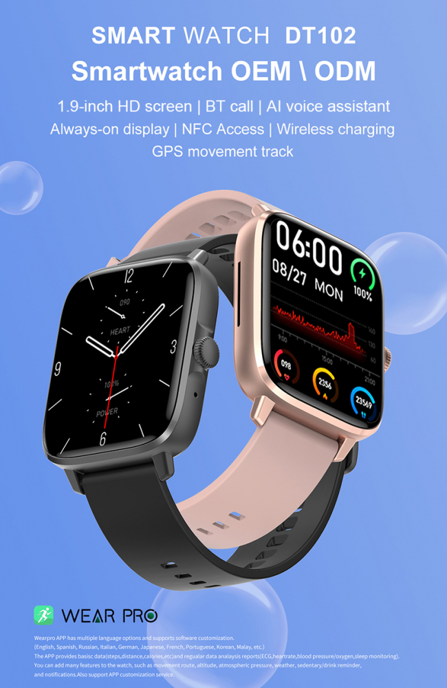 Ceas smartwatch MaGeCa® DT102, ecran IPS 1.9 inch, compatibil IOS/Android, Bluetooth 5.0, NFC, notificari, ritm cardiac, pentru femei si barbati, gold [4]