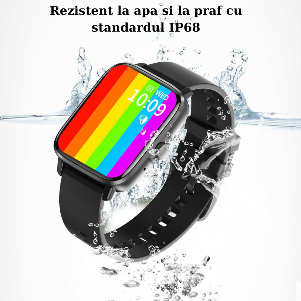 Ceas smartwatch MaGeCa DT102 ecran IPS 1.9 inch compatibil IOS Android Bluetooth 5.0 NFC notificari ritm cardiac pentru femei si barbati negru
